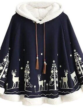 Womens Hooded Cape Cloak Sherpa Fleece Poncho Coat Deer Print Winter Warm